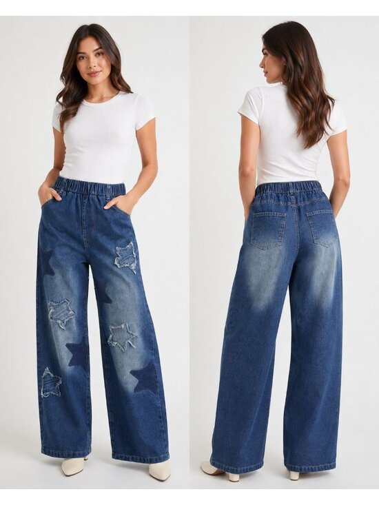 Unknown Pants - Star Patch Wide Leg WomenPants W/Elastic Waist Distressed Design Small